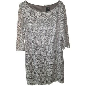 JH Evenings Silver Lace Sequin Sheath Dress Size 18 3/4 Sleeve Formal Wedding